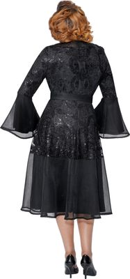 Dorinda Clark Cole <br> (Fall 2025) <br> DCC309991 <br> <br> Black <br> 8 10 12 14 16 18 <br> 16w 18w 20w 22w 24w 26w<br><br>Lace and chiffon midi dress with flare sleeves, sequins and sash belt 1 Piece Dress Dorinda Clark Cole <br> (Fall 2025) <br> DCC309991 <br> <br> Black <br> 8 10 12 14 16 18 <br> 16w 18w 20w 22w 24w 26w<br><br>Lace and chiffon midi dress with flare sleeves, sequins and sash belt 1 Piece Dress