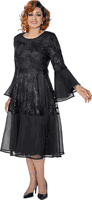 Dorinda Clark Cole <br> (Fall 2025) <br> DCC309991 <br> <br> Black <br> 8 10 12 14 16 18 <br> 16w 18w 20w 22w 24w 26w<br><br>Lace and chiffon midi dress with flare sleeves, sequins and sash belt 1 Piece Dress