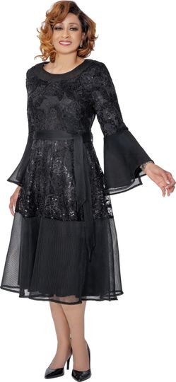 Dorinda Clark Cole <br> (Fall 2025) <br> DCC309991 <br> <br> Black <br> 8 10 12 14 16 18 <br> 16w 18w 20w 22w 24w 26w<br><br>Lace and chiffon midi dress with flare sleeves, sequins and sash belt 1 Piece Dress