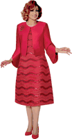 Dorinda Clark Cole <br> (Fall 2025) <br> DCC310002 <br> <br> Red <br> 8 10 12 14 16 18 <br> 16w 18w 20w 22w 24w 26w<br><br>Sequined wave pattern A-line dress with solid tulip sleeve jacket and rhinestone brooch 2 Piece