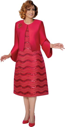 Dorinda Clark Cole <br> (Fall 2025) <br> DCC310002 <br> <br> Red <br> 8 10 12 14 16 18 <br> 16w 18w 20w 22w 24w 26w<br><br>Sequined wave pattern A-line dress with solid tulip sleeve jacket and rhinestone brooch 2 Piece