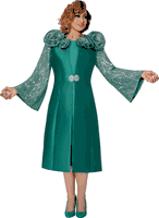 Dorinda Clark Cole <br> (Fall 2025) <br> DCC310012 <br> <br> Green <br> 8 10 12 14 16 18 <br> 16w 18w 20w 22w 24w 26w<br><br>Sequined pattern bell sleeve duster with solid dress and large flower trim 2 Piece