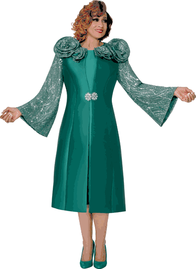 Dorinda Clark Cole <br> (Fall 2025) <br> DCC310012 <br> <br> Green <br> 8 10 12 14 16 18 <br> 16w 18w 20w 22w 24w 26w<br><br>Sequined pattern bell sleeve duster with solid dress and large flower trim 2 Piece