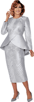 Dorinda Clark Cole <br> (Fall 2025) <br> DCC310022 <br> <br> Silver <br> 8 10 12 14 16 18 <br> 16w 18w 20w 22w 24w 26w<br><br>Elegant pattern skirt set with satin peplum and rhinestone brooch 2 Piece