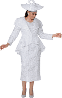 Dorinda Clark Cole <br> (Fall 2025) <br> DCC310052 <br> <br> White <br> 8 10 12 14 16 18 <br> 16w 18w 20w 22w 24w 26w<br><br>Lace dress and matching high-low peplum jacket with wide collar 2 Piece