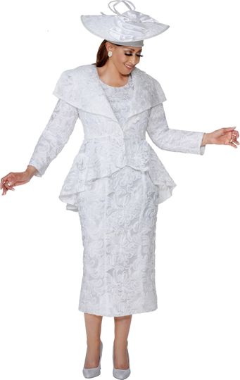 Dorinda Clark Cole <br> (Fall 2025) <br> DCC310052 <br> <br> White <br> 8 10 12 14 16 18 <br> 16w 18w 20w 22w 24w 26w<br><br>Lace dress and matching high-low peplum jacket with wide collar 2 Piece