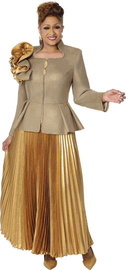 Dorinda Clark Cole <br> (Fall 2026) <br> DCC310342 <br> <br> Coriander/Gold <br> 6 8 10 12 14 16 18 <br> 16w 18w 20w 22w 24w 26w<br><br>Metallic Mesh + Metallic Pleated