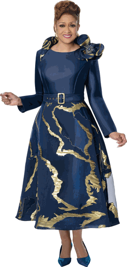 Dorinda Clark Cole <br> (Fall 2026) <br> DCC310581 <br> <br> Blue/Gold <br> 8 10 12 14 16 18 <br> 16w 18w 20w 22w 24w 26w<br><br>Burnout Jacquard