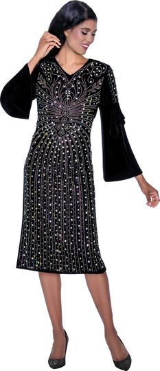 Dorinda Clark Cole <br> (SALE) <br> DCC309251-Bl <br> <br> Black <br> 20w 22w<br><br>Pearl & Crystal Pattern Dress
