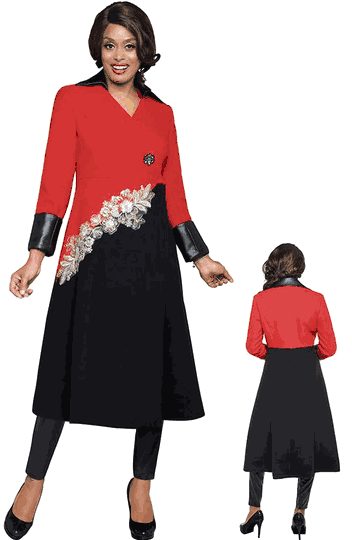 Dorinda Clark Cole <br> (SALE) <br> DCC101CT-Bl <br> <br> Black/Red/White <br> L<br><br>1 Piece Embroidered Button Coat