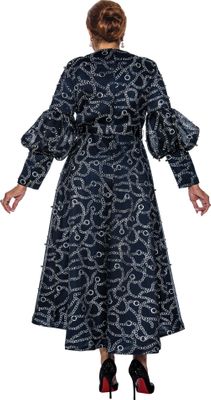 Dorinda Clark Cole <br> (SALE) <br> DCC5231-Na <br> <br> Navy/Silver <br> 18 18w 20w 22w<br><br>Faux Wrap Print Dress