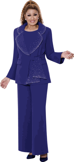 Dorinda Clark Cole <br> (Fall 2026) <br> DCC309093 <br> <br> Purple <br> 8 10 12 14 16 18 <br> 16w 18w 20w 22w 24w 26w<br><br>Crepe pantsuit with cami, rounded collar jacket with rhinestone trim and sash closure