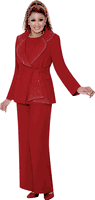 Dorinda Clark Cole <br> (Fall 2025) <br> DCC309093 <br> <br> Red <br> 8 10 12 14 16 18 <br> 16w 18w 20w 22w 24w 26w<br><br>Crepe pantsuit with cami, rounded collar jacket with rhinestone trim and sash closure 3 Piece