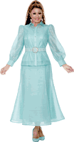 Dorinda Clark Cole <br> (Fall 2025) <br> DCC309513 <br> <br> Seafoam <br> 8 10 12 14 16 18 <br> 16w 18w 20w 22w 24w<br><br>Matching set with maxi skirt, button blouse and sheer sleeves, buckle belt included 3 Piece