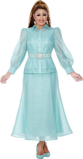 Dorinda Clark Cole <br> (Fall 2025) <br> DCC309513 <br> <br> Seafoam <br> 8 10 12 14 16 18 <br> 16w 18w 20w 22w 24w<br><br>Matching set with maxi skirt, button blouse and sheer sleeves, buckle belt included 3 Piece