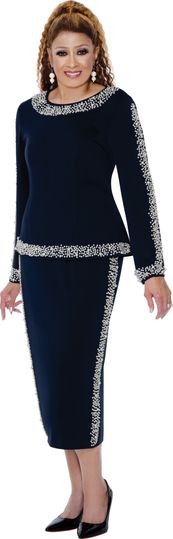 Dorinda Clark Cole <br> (Fall 2025) <br> DCC309612 <br> <br> Navy <br> 8 10 12 14 16 18 <br> 16w 18w 20w 22w 24w 26w<br><br>Matching skirt set with mini-pearl trim 2 Piece