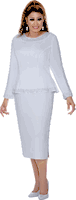 Dorinda Clark Cole <br> (Fall 2025) <br> DCC309612 <br> <br> White <br> 8 10 12 14 16 18 <br> 16w 18w 20w 22w 24w 26w<br><br>Matching skirt set with mini-pearl trim 2 Piece