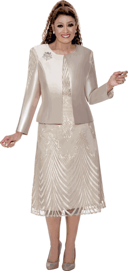 Dorinda Clark Cole <br> (Spring 2025) <br> DCC309672 <br> <br> Champagne <br> 8 10 12 14 16 18 <br> 16w 18w 20w 22w 24w <br> 26w 28w 30w<br><br>Lace + Twill 2 Piece Jacket & Dress