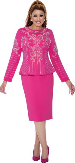 Dorinda Clark Cole <br> (Fall 2025) <br> DCC309731 <br> <br> Hot-Pink <br> 8 10 12 14 16 18 <br> 16w 18w 20w 22w 24w<br><br>Peplum dress with pearl and rhinestone pattern 1 Piece Dress