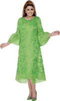 Dorinda Clark Cole <br> (Fall 2025) <br> DCC309762 <br> <br> Green <br> 8 10 12 14 16 18 <br> 16w 18w 20w 22w<br>  24w 26w 28w<br><br>Sleeveless dress with sheer flower pattern duster and bell sleeves 2 Piece