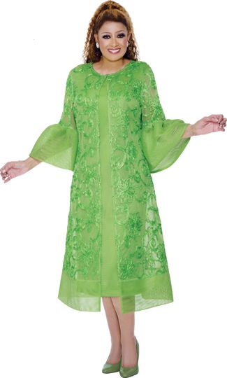 Dorinda Clark Cole <br> (Fall 2025) <br> DCC309762 <br> <br> Green <br> 8 10 12 14 16 18 <br> 16w 18w 20w 22w<br>  24w 26w 28w<br><br>Sleeveless dress with sheer flower pattern duster and bell sleeves 2 Piece