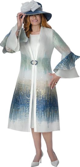 Dorinda Clark Cole <br> (Spring 2026) <br> DCC310142 <br> <br> Multi-Blue <br> 8 10 12 14 16 18 <br> 16w 18w 20w 22w 24w 26w 28w 30w<br><br>Jacquard 2 Piece Jacket & Dress