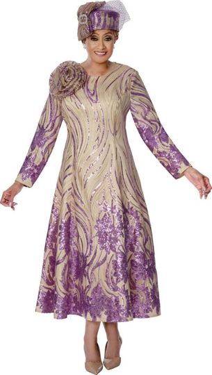 Dorinda Clark Cole <br> (Spring 2026) <br> DCC310161 <br> <br> Champagne/Purple <br> 8 10 12 14 16 18 <br> 16w 18w 20w 22w 24w 26w<br><br>Sequins 1 Piece Dress