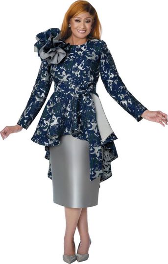 Dorinda Clark Cole <br> (Spring 2026) <br> DCC310192 <br> <br> Navy/Multi <br> 8 10 12 14 16 18 <br> 16w 18w 20w 22w 24w 26w<br><br>Jacquard 2 Piece Skirt Suit