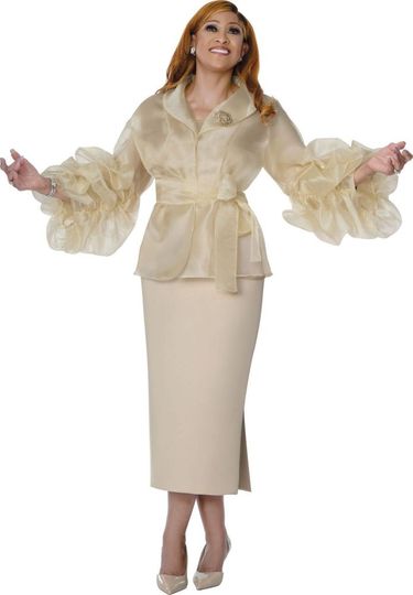 Dorinda Clark Cole <br> (Spring 2026) <br> DCC310213 <br> <br> Champagne-Gold <br> 8 10 12 14 16 18 <br> 16w 18w 20w 22w 24w 26w<br><br>Organza 3 Piece Skirt Suit