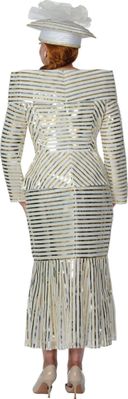 Dorinda Clark Cole <br> (Spring 2026) <br> DCC310222 <br> <br> White-Silver-Gold <br> 8 10 12 14 16 18 <br> 16w 18w 20w 22w 24w 26w<br><br>Metallic Stripes 2 Piece Skirt Suit