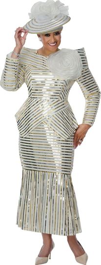 Dorinda Clark Cole <br> (Spring 2026) <br> DCC310222 <br> <br> White-Silver-Gold <br> 8 10 12 14 16 18 <br> 16w 18w 20w 22w 24w 26w<br><br>Metallic Stripes 2 Piece Skirt Suit