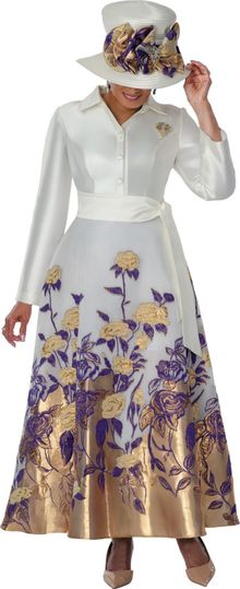 Dorinda Clark Cole <br> (Spring 2026) <br> DCC310241 <br> <br> White-Gold-Purple <br> 8 10 12 14 16 18 <br> 16w 18w 20w 22w 24w 26w 28w 30w<br><br>Jacquard 1 Piece Dress