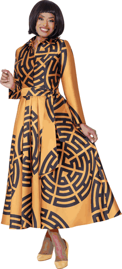 Dresses By Nubiano <br> (Fall 2025) <br> DN100501 <br> <br> Gold/Black <br> 8 10 12 14 16 18 <br> 16w 18w 20w 22w 24w 26w<br><br>1 Piece Dress <BR> Fabric: Twill