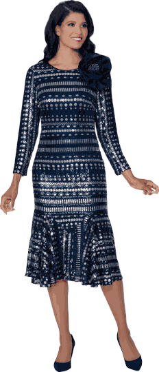 Dresses By Nubiano <br> (Fall 2025) <br> DN100621 <br> <br> Navy/Silver <br> 8 10 12 14 16 18 <br> 16w 18w 20w 22w 24w 26w<br><br>1 Piece Dress <BR> Fabric: Novelty