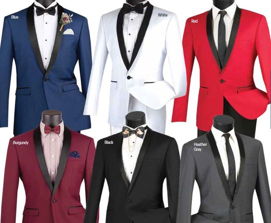 Prestige Couture <br> (Spring 2025) <br> VM-T-SS <br> <br> Blue  <br>  White  <br>  Red  <br>  Burgundy  <br>  Black  <br>  Heather-Gray <br> <br><br>SLIM FIT TUXEDO COLLECTION