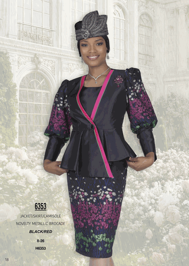 Elite Champagne <br> (Fall/Winter 2026) <br> EC6353 <br> <br> Black/Red <br> 8 10 12 14 16 <br> 18 20 22 24 26<br><br>Jacket/Skirt/Camisole<br>Novelty Metallic Brocade