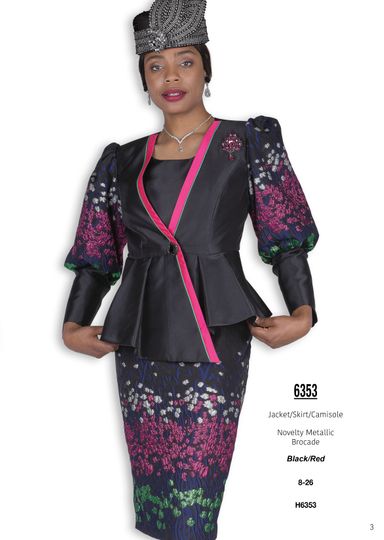 Elite Champagne <br> (Fall & Winter 2025) <br> EC6353 <br> <br> Black/Red <br> 8 10 12 14 16 18 20 22 24 26<br><br>Jacket/Skirt/Camisole<br>Novelty Metallic Brocade