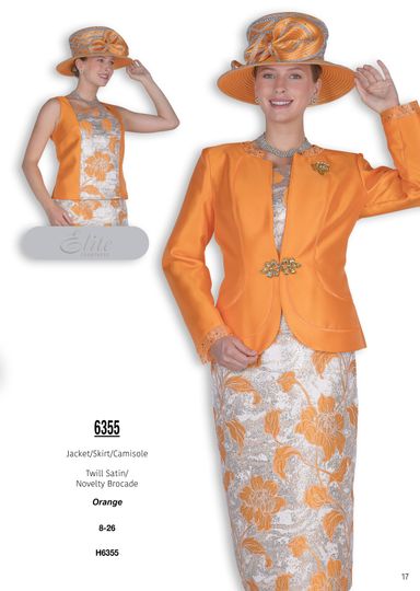Elite Champagne <br> (Fall & Winter 2025) <br> EC6355 <br> <br> Orange <br> 8 10 12 14 16 18 20 22 24 26<br><br>Jacket/Skirt/Camisole<br>Twill Satin/Novelty Brocade