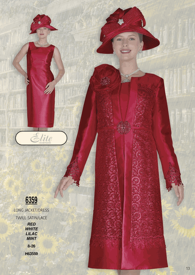 Elite Champagne <br> (Fall/Winter 2026) <br> EC6359 <br> <br> Red  <br>  White  <br>  Lilac  <br>  Mint <br> 8 10 12 14 16 <br> 18 20 22 24 26<br><br>Long Jacket/Dress<br>Twill Satin/Lace