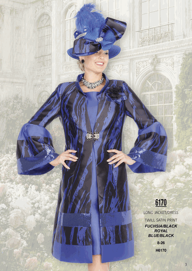 Elite Champagne <br> (Fall/Winter 2026) <br> EC6170 <br> <br> Fuchsia/Black  <br>  Royal-Blue/Black <br> 8 10 12 14 16 <br> 18 20 22 24 26<br><br>Long Jacket/Dress<br>Twill Satin Print