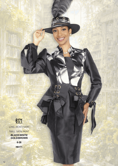 Elite Champagne <br> (Fall/Winter 2026) <br> EC6171 <br> <br> Black/White  <br>  Gold/Brown <br> 8 10 12 14 16 <br> 18 20 22 24 26<br><br>Long Jacket/Skirt<br>Twill Satin Print
