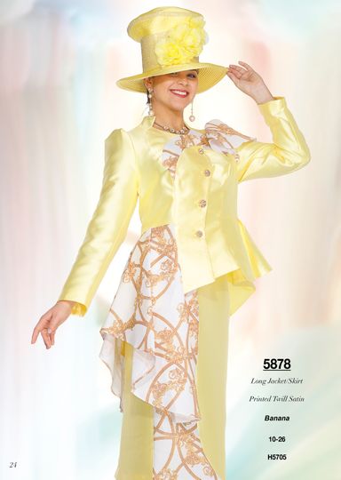 Elite  Champagne <br> (Spring & Summer 2025) <br> EC5878 <br> <br> Banana <br> 10 12 14 16 18 20 22 24 26<br><br>Long Jacket/Skirt <br> Printed Twill Satin
