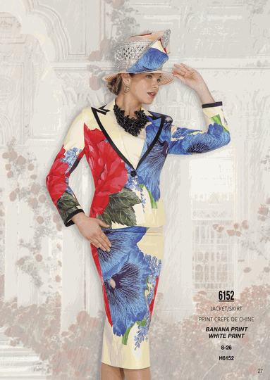 Elite Champagne <br> (Fall/Winter 2026) <br> EC6152 <br> <br> Banana-Print  <br>  White-Print <br> 8 10 12 14 16 <br> 18 20 22 24 26<br><br>Jacket/Skirt<br>Print Crepe De Chine