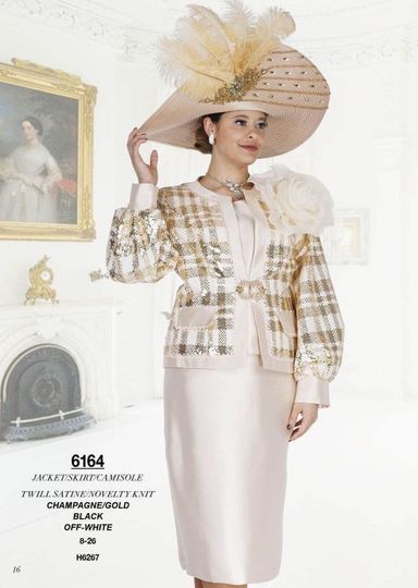 Elite Champagne <br> (Spring/Summer 2026) <br> EC6164 <br> <br> Champagne-Gold  <br>  Black  <br>  Off-White <br> 8 10 12 14 16 18 20 22 24 26<br><br>Jacket/Skirt/Camisole<br>Twill Satine/Novelty Knit