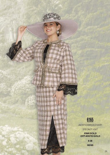 Elite Champagne <br> (Fall/Winter 2026) <br> EC6165 <br> <br> Pink/Gold  <br>  Off-White/Gold <br> 8 10 12 14 16 <br> 18 20 22 24 26<br><br>Jacket/Camisole/Skirt<br>Specialty Knit
