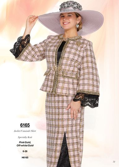 Elite  Champagne <br> (Spring & Summer 2025) <br> EC6165 <br> <br> Pink/Gold  <br>  Off-White/Gold <br> 8 10 12 14 16 18 20 22 24 26<br><br>Jacket/Camisole/Skirt <br> Specialty Knit
