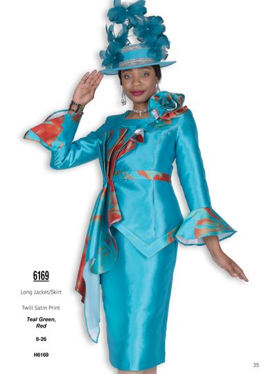 Elite Champagne <br> (Fall & Winter 2025) <br> EC6169 <br> <br> Teal-Green  <br>   Red <br> 8 10 12 14 16 18 20 22 24 26<br><br>Long Jacket/Skirt<br>Twill Satin Print