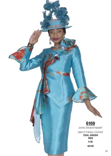 Elite Champagne <br> (Spring/Summer 2026) <br> EC6169 <br> <br> Teal-Green  <br>  Red <br> 8 10 12 14 16 18 20 22 24 26<br><br>Long Jacket/Skirt<br>Print Twill Satine