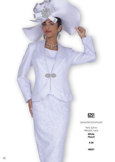 Elite Champagne <br> (Fall & Winter 2025) <br> EC6251 <br> <br> White  <br>   Peach <br> 8 10 12 14 16 18 20 22 24 26<br><br>Jacket/Skirt/Camisole<br>Twill Satin/Metallic Lace