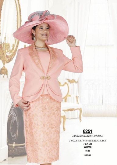 Elite Champagne <br> (Spring/Summer 2026) <br> EC6251 <br> <br> Peach  <br>  White <br> 8 10 12 14 16 18 20 22 24 26<br><br>Jacket/Skirt/Camisole<br>Twill Satine/Metallic Lace